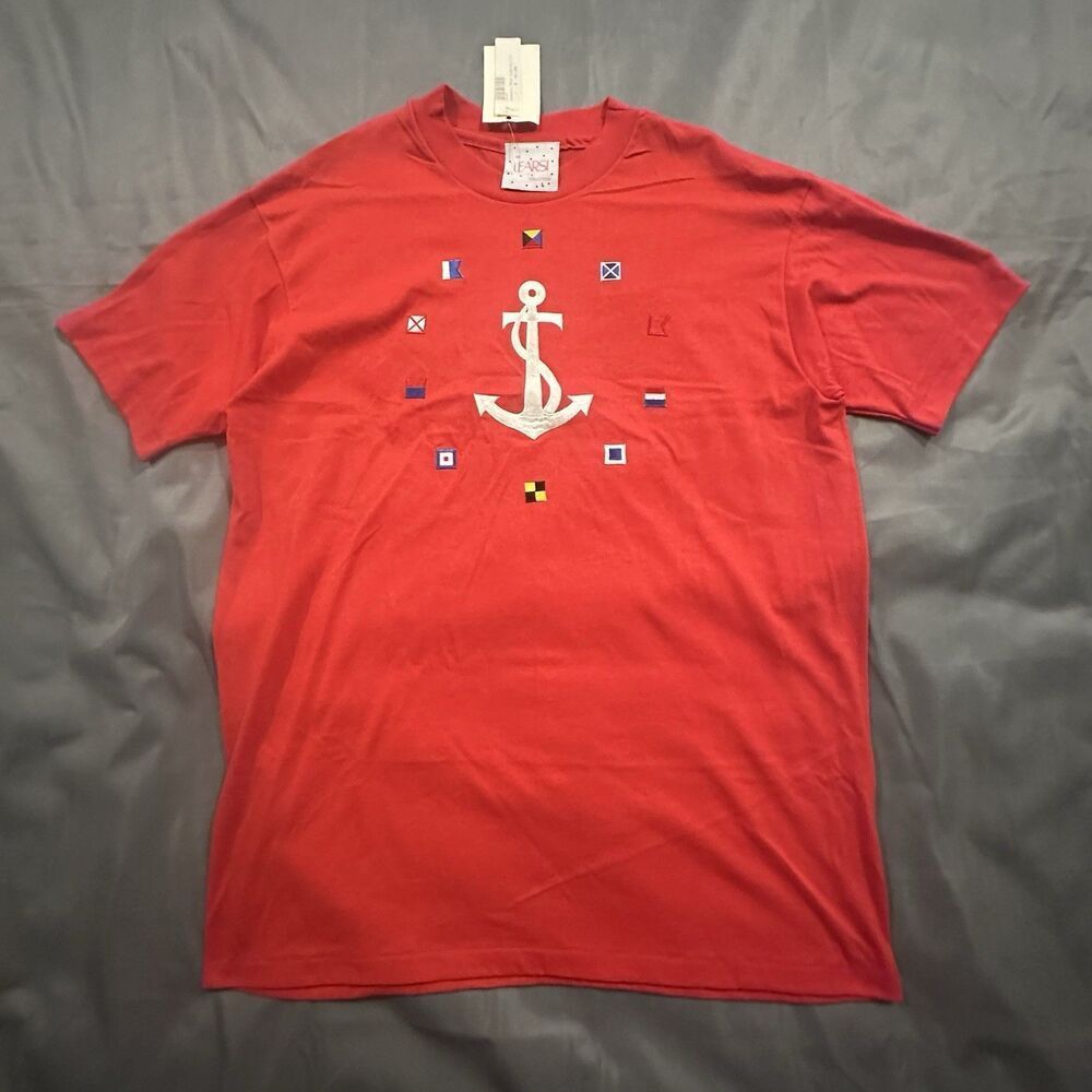 Vintage 80s Hanes Fifty Fifty T-Shirt Learsi Mens Large Made in USA Red
